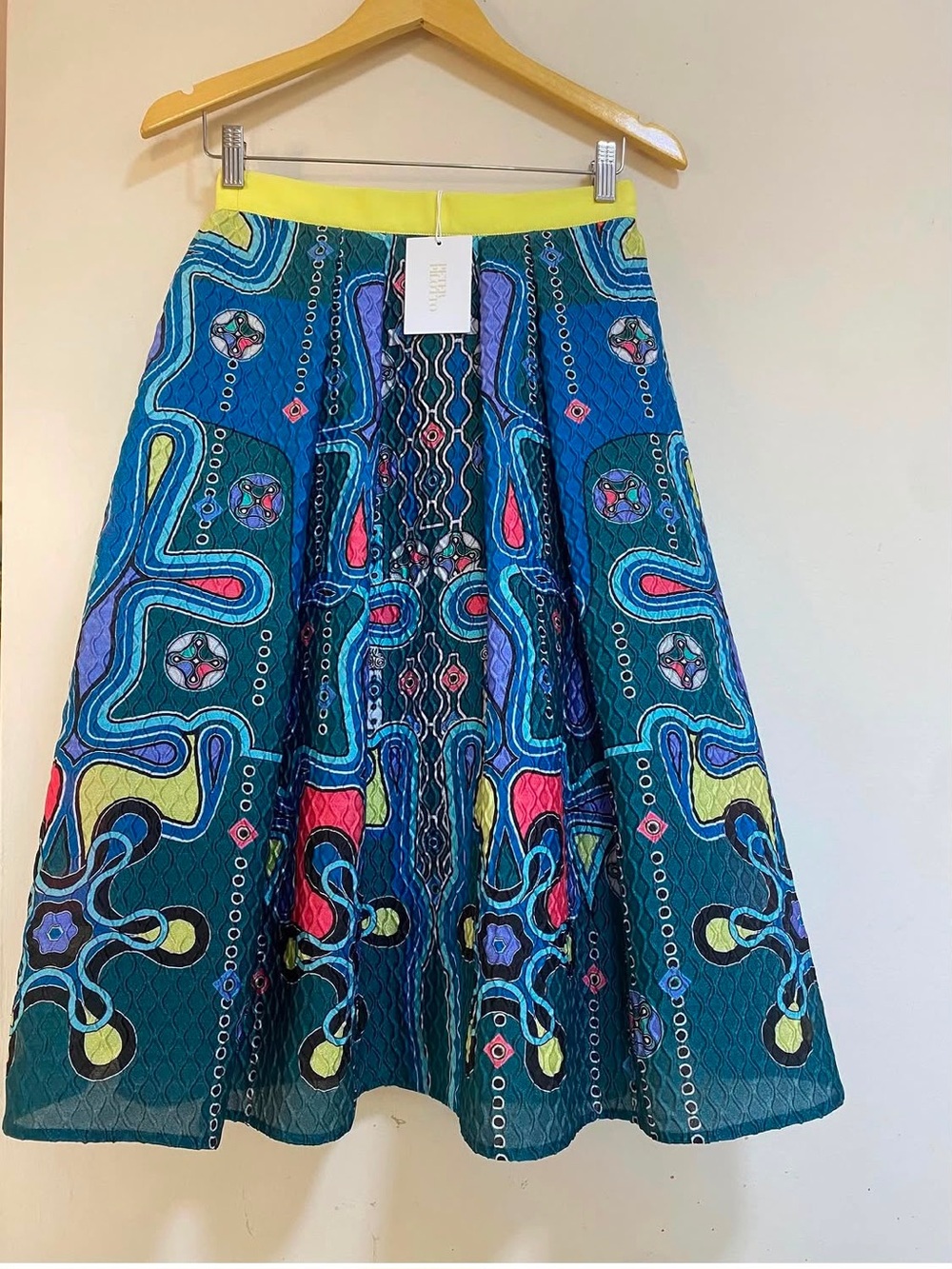 Peter Pilotto Teal and Blue A-Line Skirt with Yellow Waistband